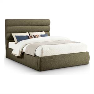 Bowery Hill Contemporary Deep Channel Tufted Rich Olive Boucle Fabric Queen Bed