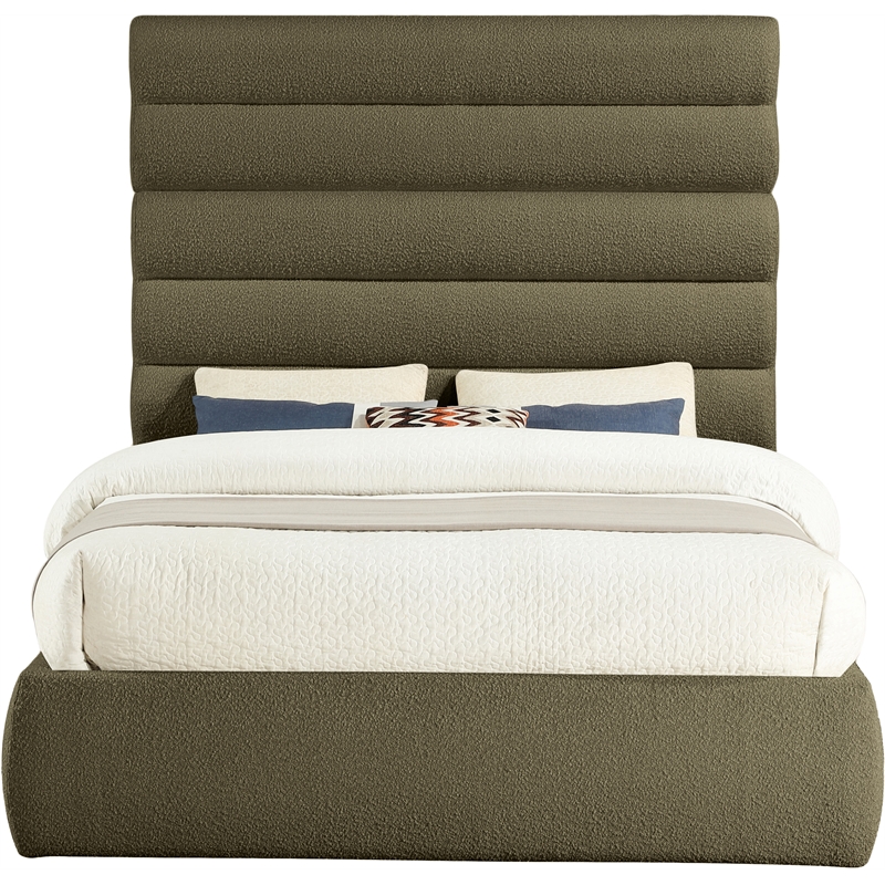 Bowery Hill Contemporary Deep Channel Tufted Rich Olive Boucle Fabric Queen Bed