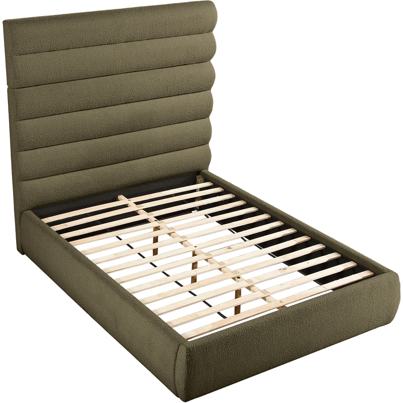Bowery Hill Contemporary Deep Channel Tufted Rich Olive Boucle Fabric Queen Bed