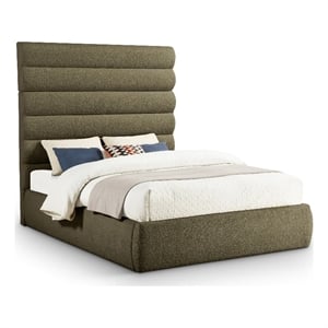 Bowery Hill Contemporary Deep Channel Tufted Rich Olive Boucle Fabric Queen Bed