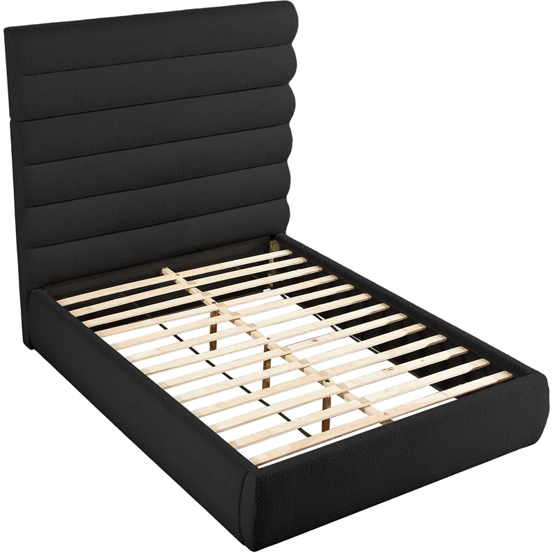 Bowery Hill Contemporary Deep Channel Tufted Rich Black Boucle Fabric Queen Bed