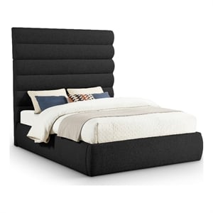 Bowery Hill Contemporary Deep Channel Tufted Rich Black Boucle Fabric Queen Bed