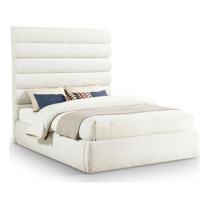 Bowery Hill Contemporary Deep Channel Tufted Rich Cream Boucle Fabric Queen Bed
