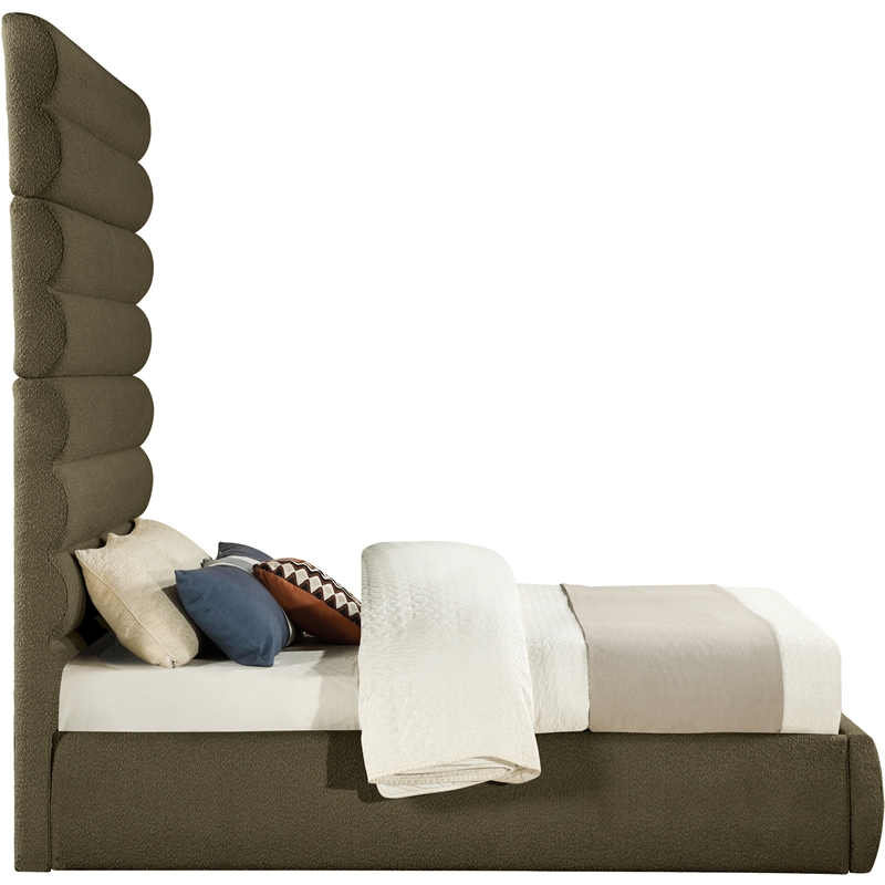 Bowery Hill Contemporary Deep Channel Tufted Rich Olive Boucle Fabric Queen Bed