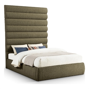 Bowery Hill Contemporary Deep Channel Tufted Rich Olive Boucle Fabric Queen Bed