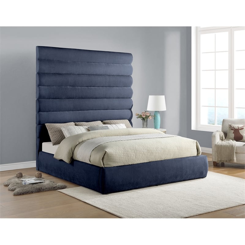 Bowery Hill Contemporary Deep Channel Tufted Soft Navy Chenille Fabric King Bed