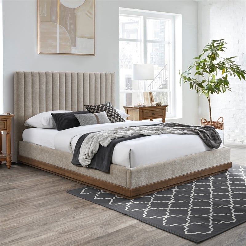 Bowery Hill Contemporary Soft Beige Chenille Fabric Full Bed