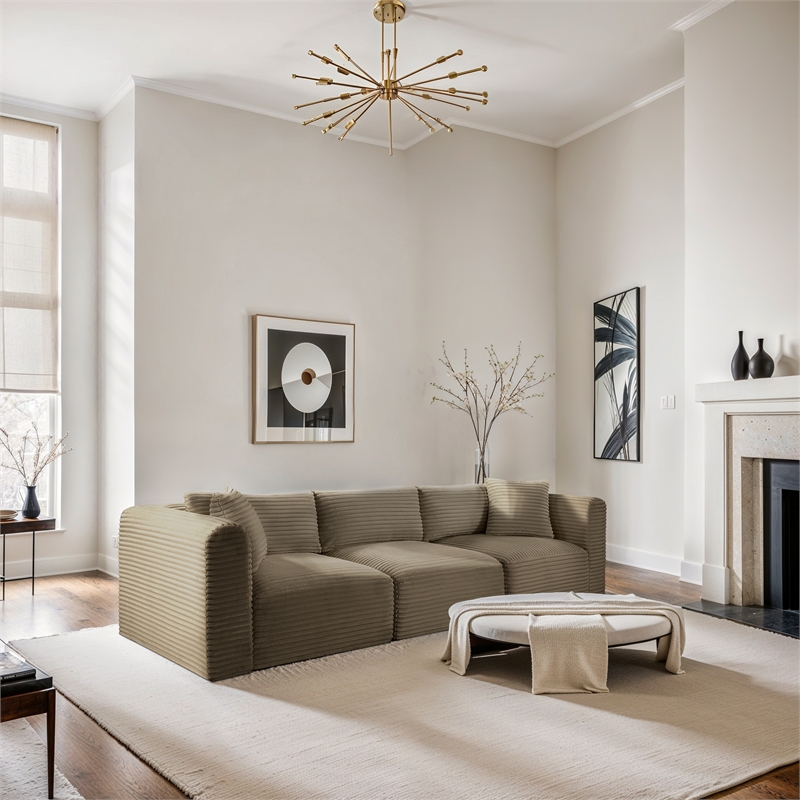 Bowery Hill Contemporary 3-Piece Taupe Corduroy Performance Fabric Modular Sofa