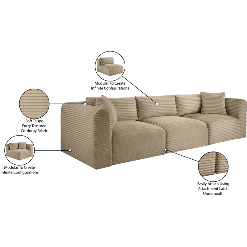 Bowery Hill Contemporary 3-Piece Taupe Corduroy Performance Fabric Modular Sofa