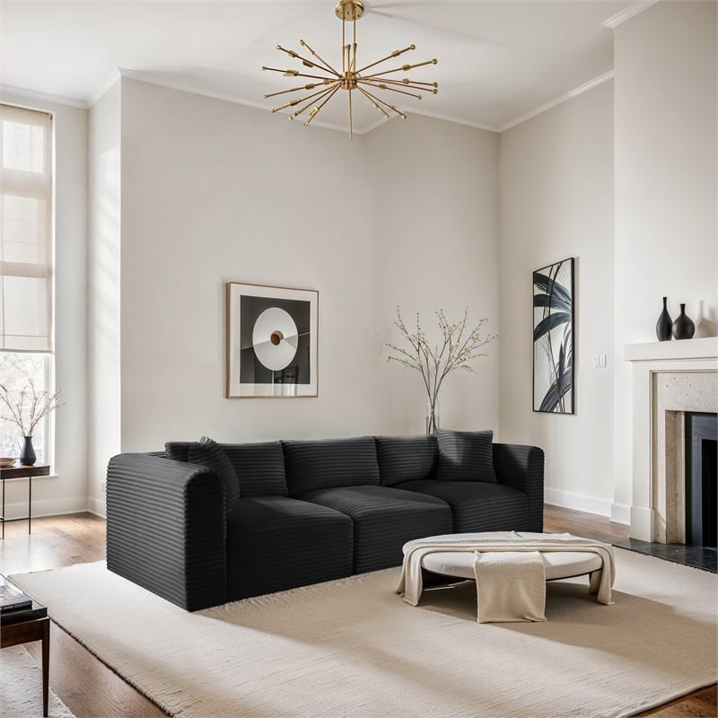 Bowery Hill Contemporary 3-Piece Black Corduroy Performance Fabric Modular Sofa