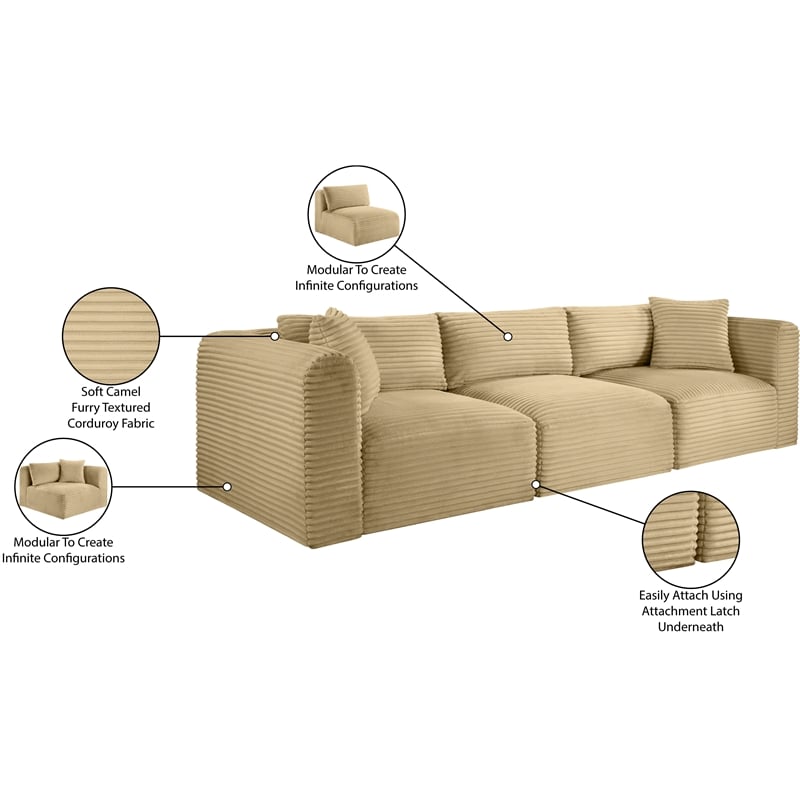 Bowery Hill Contemporary 3-Piece Camel Corduroy Performance Fabric Modular Sofa