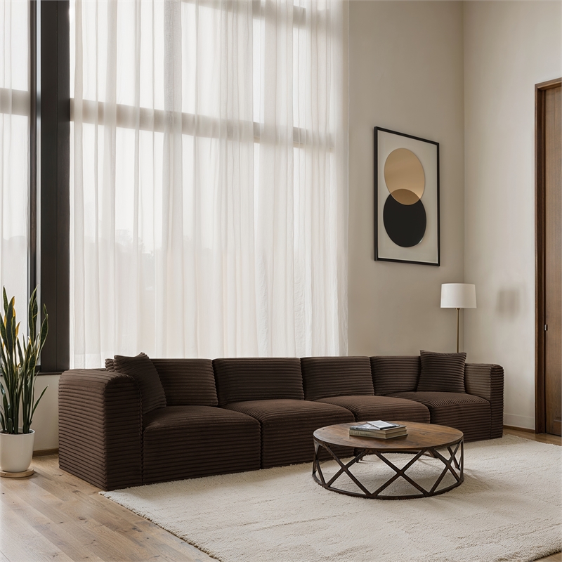 Bowery Hill Contemporary 4-Piece Brown Corduroy Performance Fabric Modular Sofa
