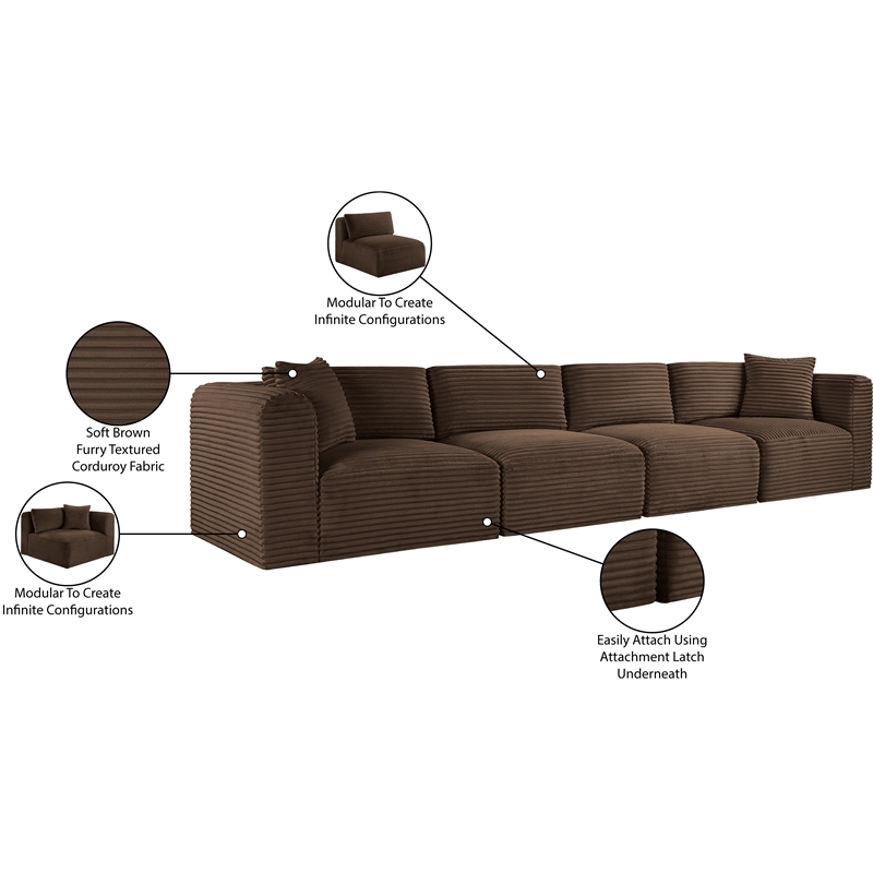 Bowery Hill Contemporary 4-Piece Brown Corduroy Performance Fabric Modular Sofa