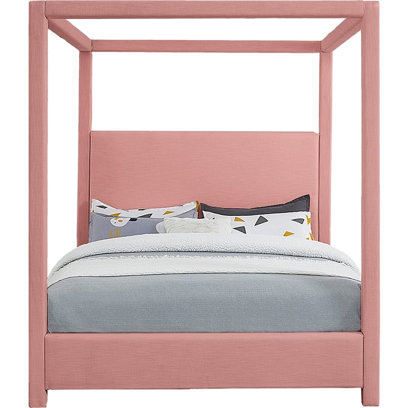 Bowery Hill Contemporary Pink Linen Textured Fabric Queen Bed