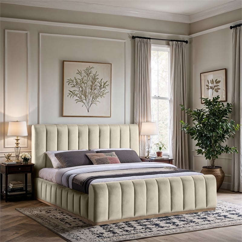 Bowery Hill Contemporary Cream Durable Velvet King Fully Slatted Bed