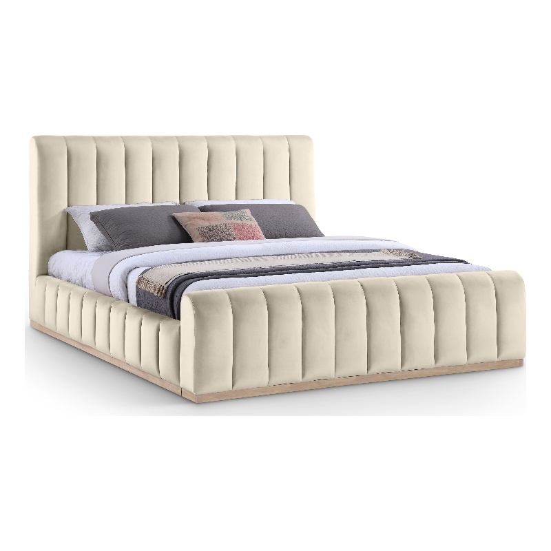 Bowery Hill Contemporary Cream Durable Velvet King Fully Slatted Bed