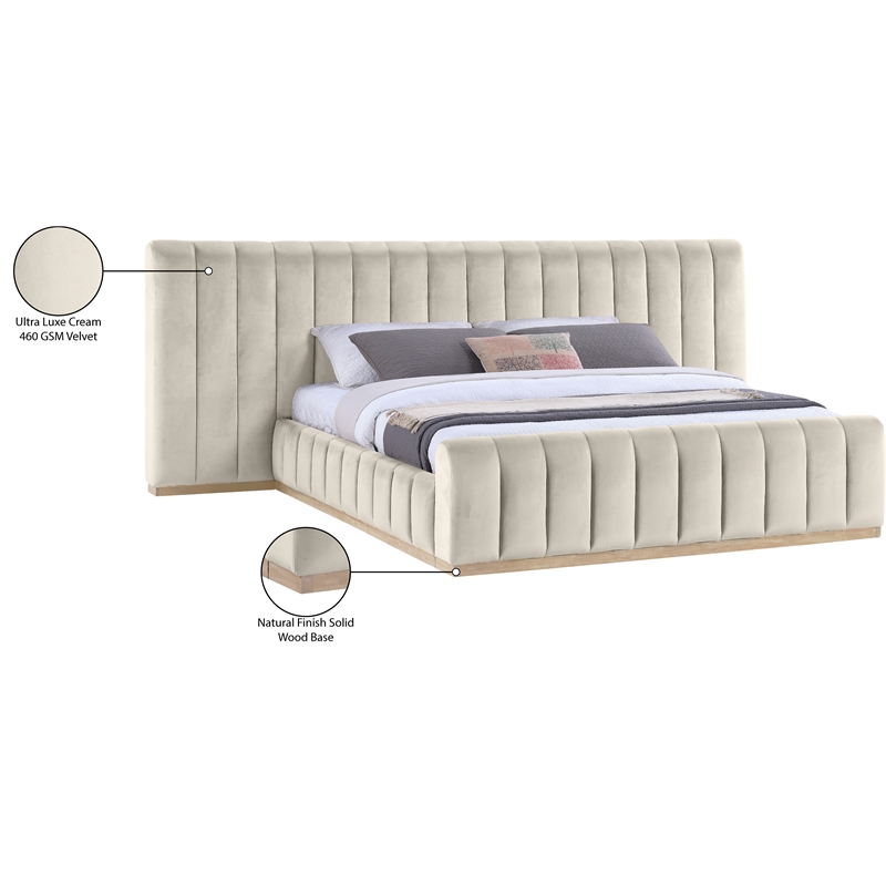 Bowery Hill Contemporary Cream Velvet King Bed with Added Panels