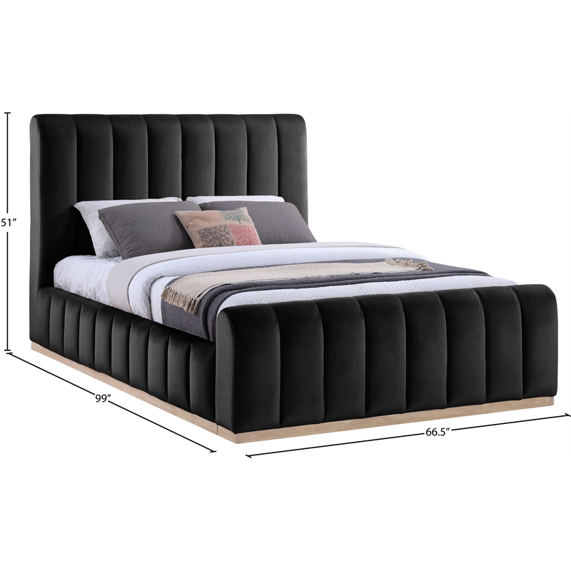 Bowery Hill Contemporary Black Durable Velvet Queen Fully Slatted Bed
