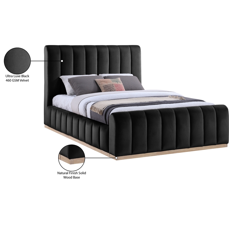 Bowery Hill Contemporary Black Durable Velvet Queen Fully Slatted Bed
