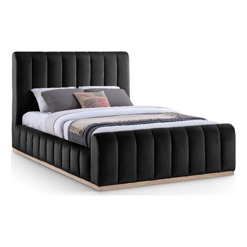 Bowery Hill Contemporary Black Durable Velvet Queen Fully Slatted Bed
