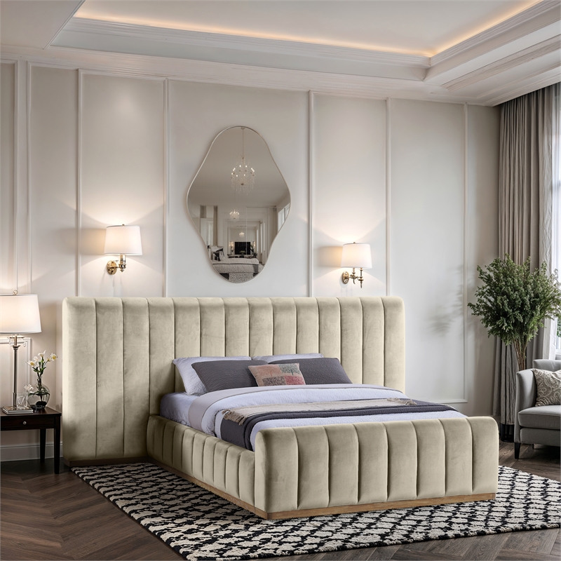 Bowery Hill Contemporary Cream Velvet Queen Bed with Added Panels