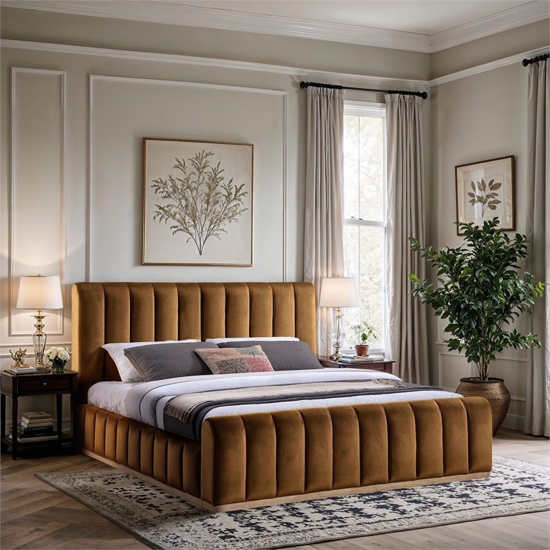 Bowery Hill Contemporary Saddle Durable Velvet King Fully Slatted Bed