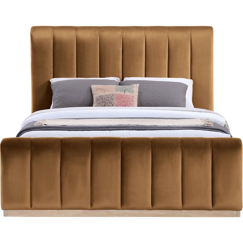 Bowery Hill Contemporary Saddle Durable Velvet Queen Fully Slatted Bed