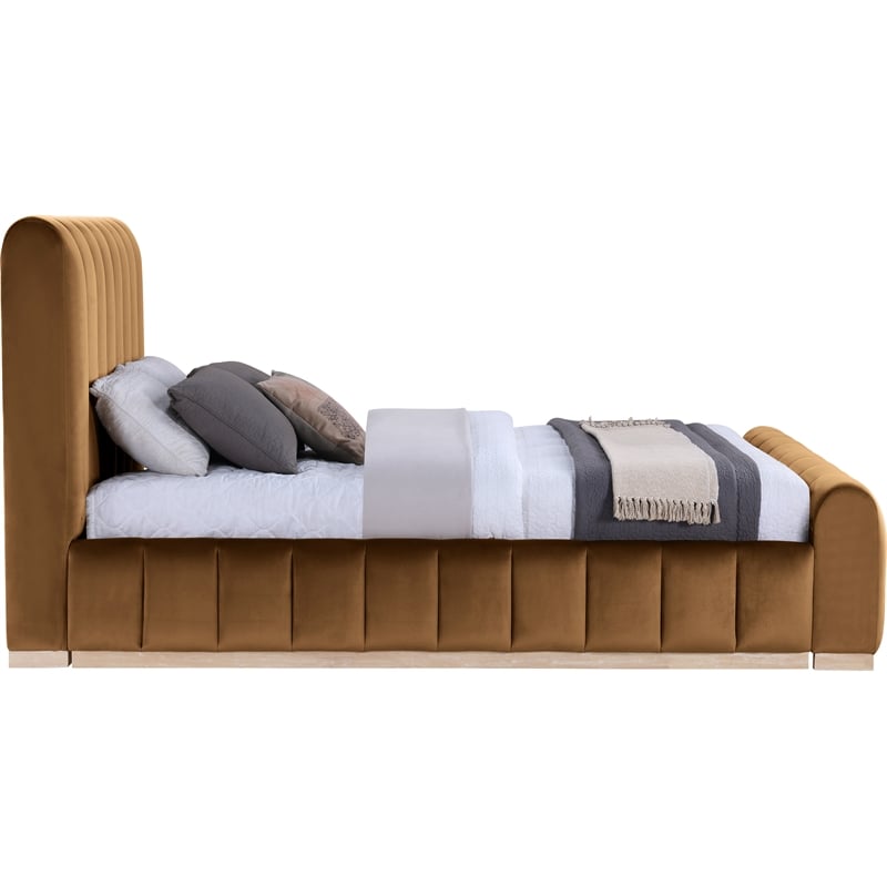 Bowery Hill Contemporary Saddle Durable Velvet Queen Fully Slatted Bed