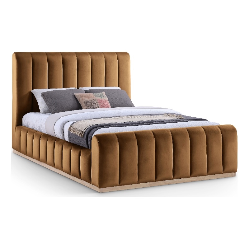 Bowery Hill Contemporary Saddle Durable Velvet Queen Fully Slatted Bed