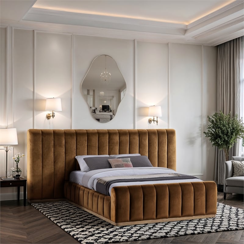 Bowery Hill Contemporary Saddle Velvet Queen Bed with Added Panels