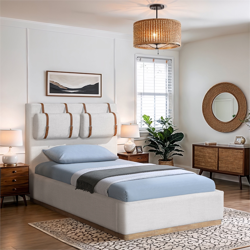 Bowery Hill Contemporary Cream Linen Textured Fabric Twin Bed