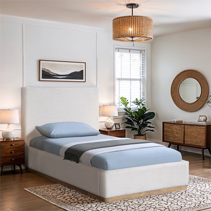 Bowery Hill Contemporary Cream Linen Textured Fabric Twin Bed