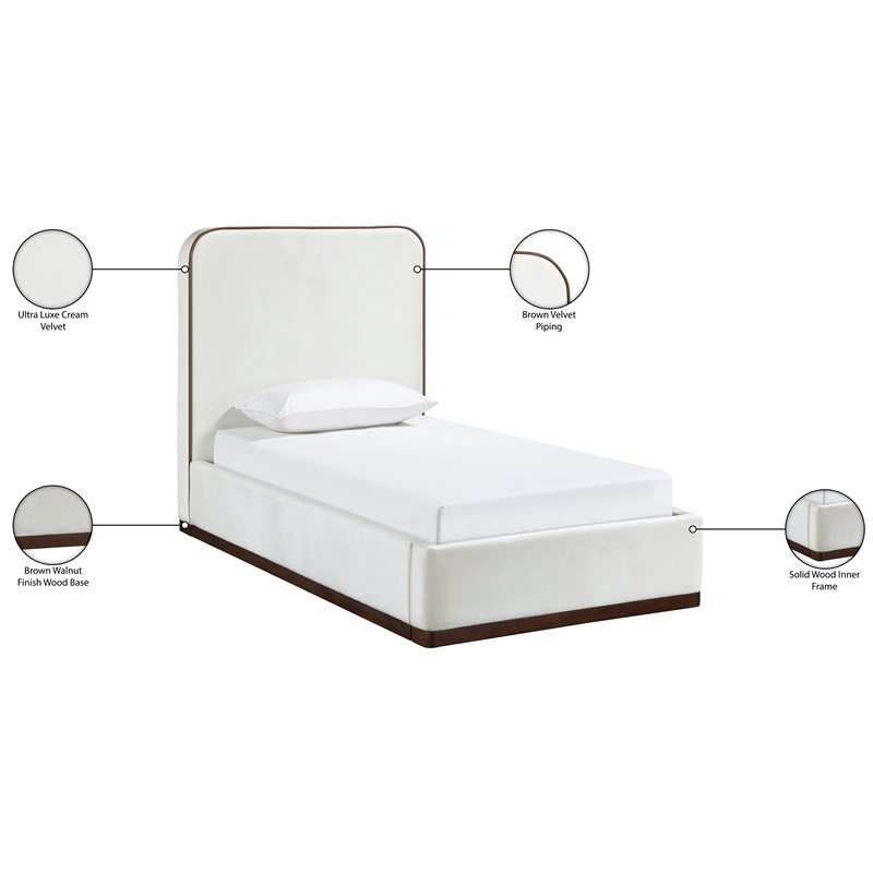Bowery Hill Contemporary Cream Durable Velvet Upholstered Twin Bed