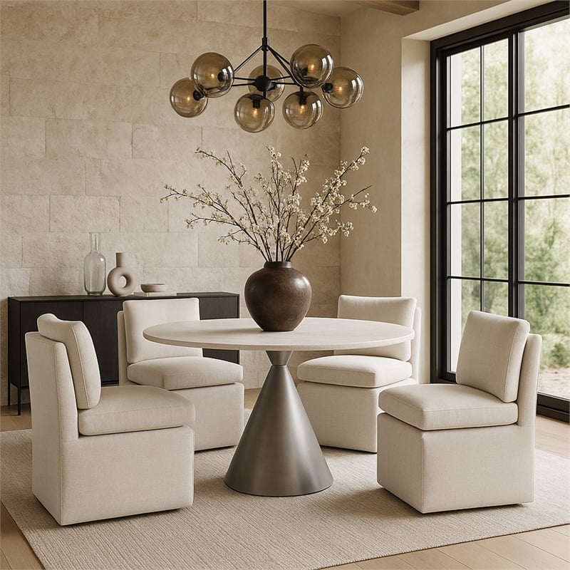 Bowery Hill Contemporary Cream Linen Textured Fabric Dining Chair (Set of 2)