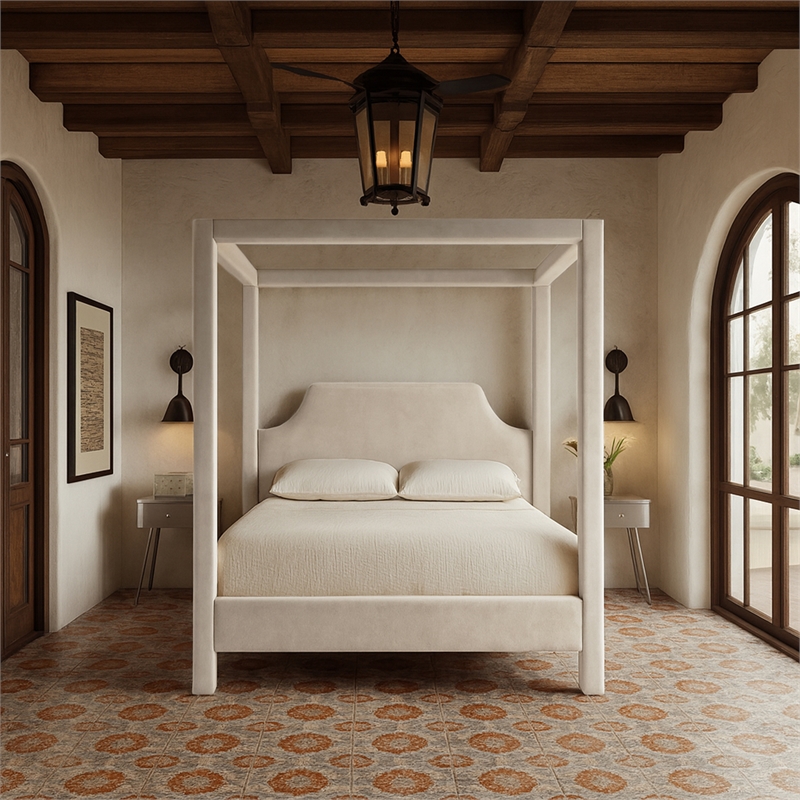 Bowery Hill Contemporary Cream Durable Velvet Upholstered Full Bed