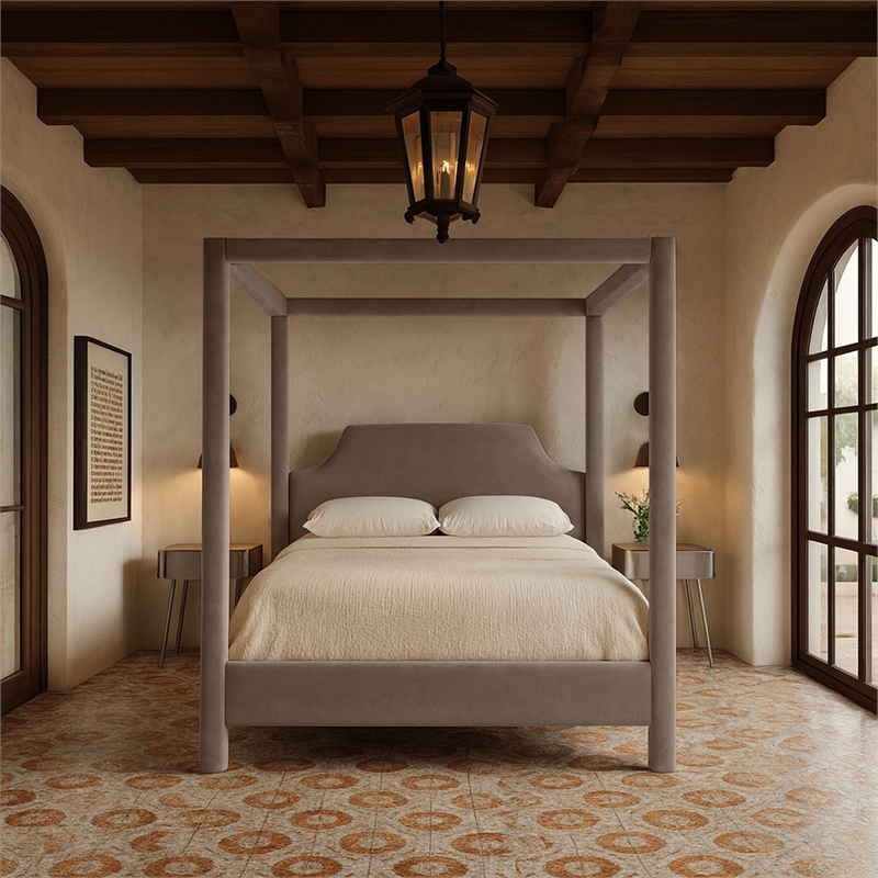 Bowery Hill Contemporary Taupe Durable Velvet Upholstered Full Bed