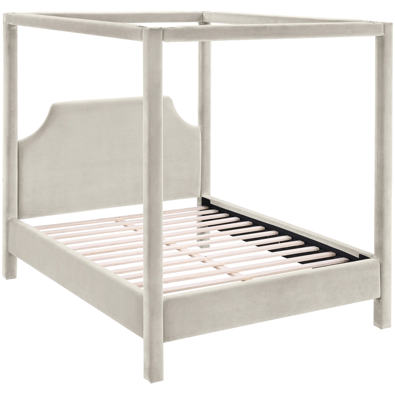 Bowery Hill Contemporary Cream Durable Velvet Upholstered Queen Bed