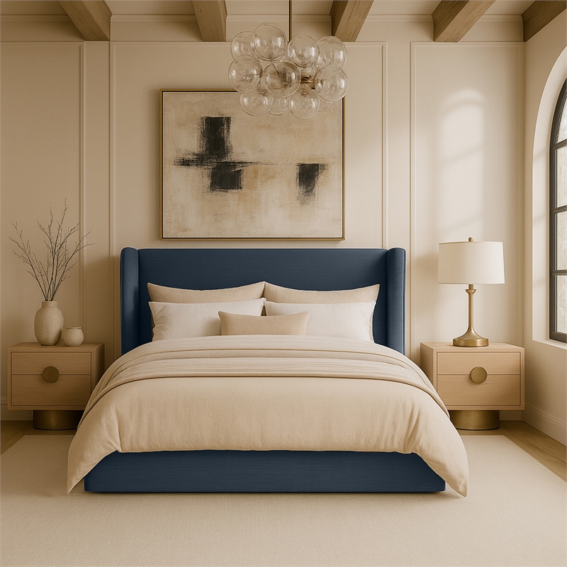 Bowery Hill Contemporary Navy Linen Textured Fabric Upholstered Queen Bed