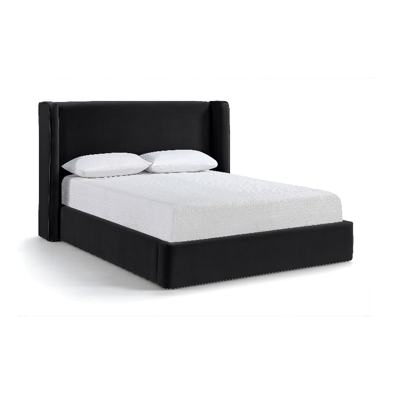 Bowery Hill Contemporary Black Velvet Upholstered Queen Fully Slatted Bed