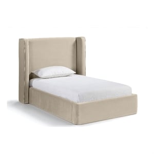 Bowery Hill Contemporary Cream Velvet Upholstered Twin Fully Slatted Bed