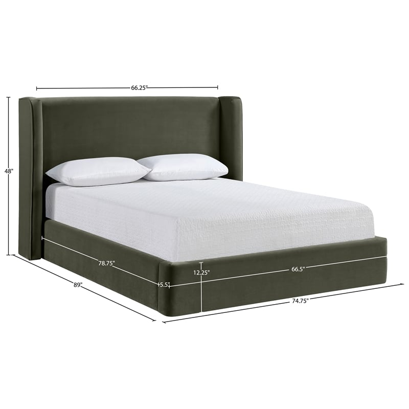 Bowery Hill Contemporary Green Velvet Upholstered Queen Fully Slatted Bed