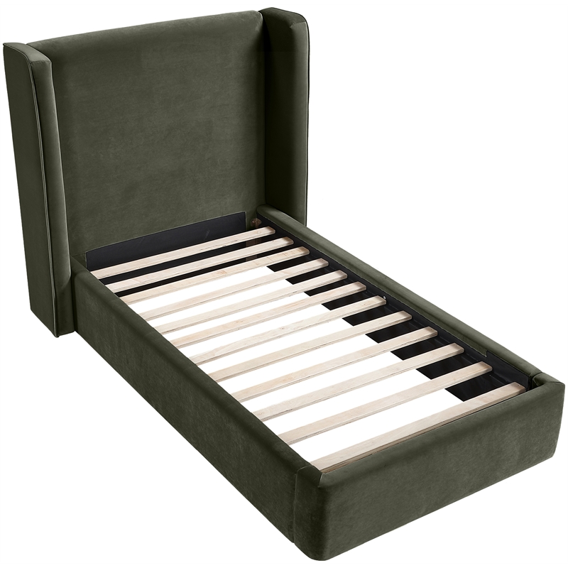 Bowery Hill Contemporary Green Velvet Upholstered Twin Fully Slatted Bed