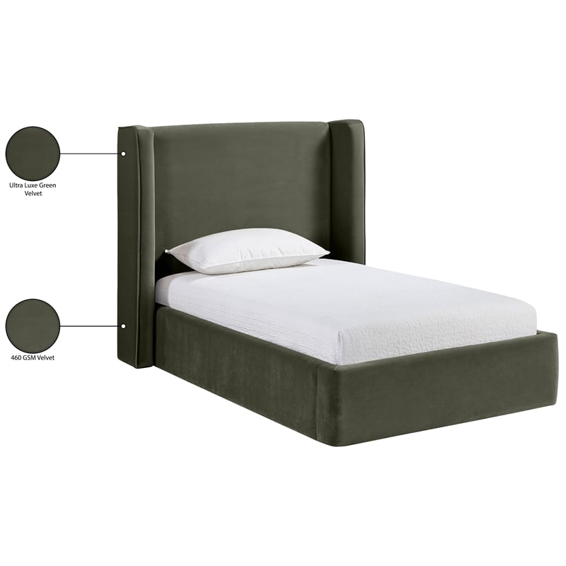 Bowery Hill Contemporary Green Velvet Upholstered Twin Fully Slatted Bed