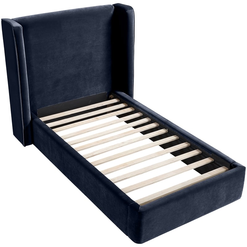 Bowery Hill Contemporary Navy Velvet Upholstered Twin Fully Slatted Bed