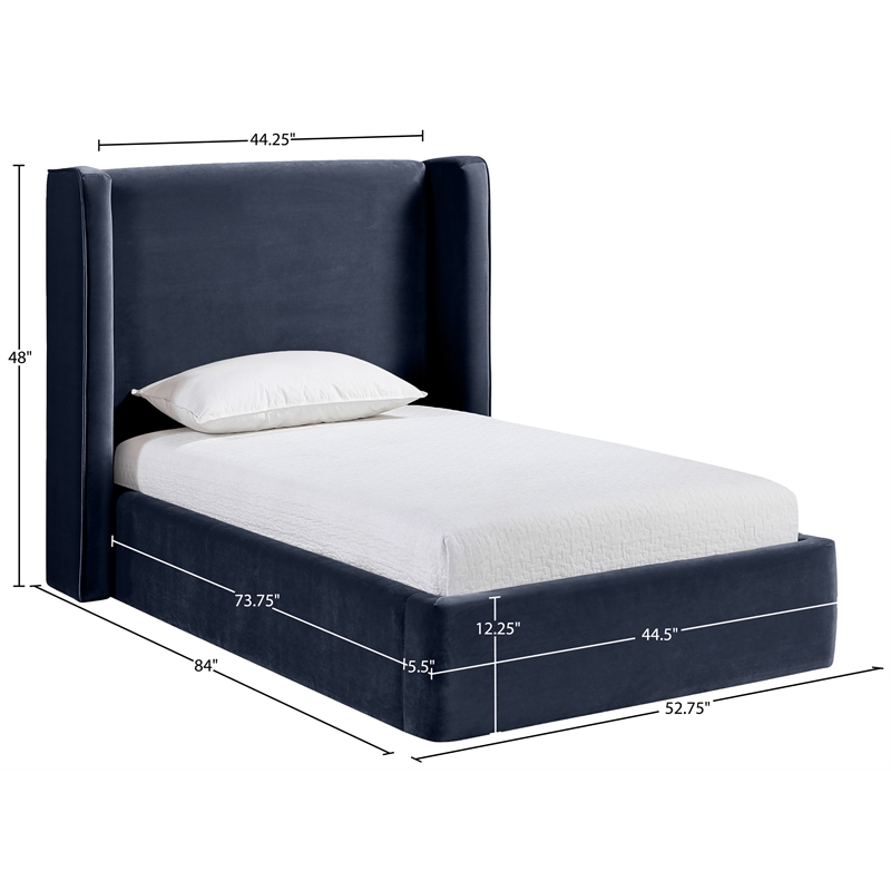 Bowery Hill Contemporary Navy Velvet Upholstered Twin Fully Slatted Bed