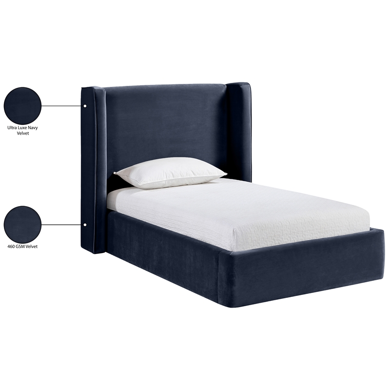 Bowery Hill Contemporary Navy Velvet Upholstered Twin Fully Slatted Bed