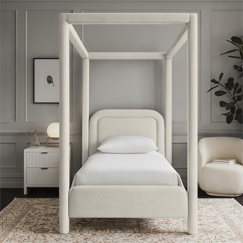 Bowery Hill Contemporary Cream Linen Textured Fabric Upholstered Twin Bed