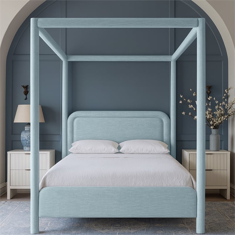 Bowery Hill Contemporary Light Blue Linen Textured Fabric Upholstered Queen Bed