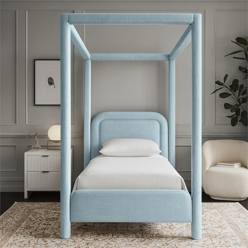 Bowery Hill Contemporary Light Blue Linen Textured Fabric Upholstered Twin Bed