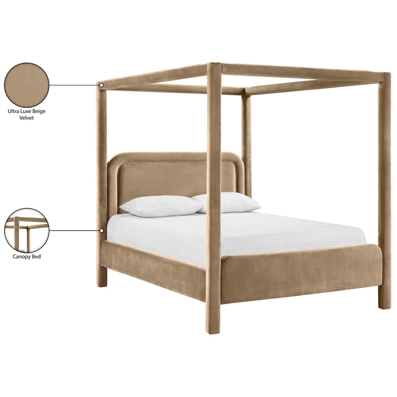 Bowery Hill Contemporary Beige Velvet Upholstered King Canopy Bed